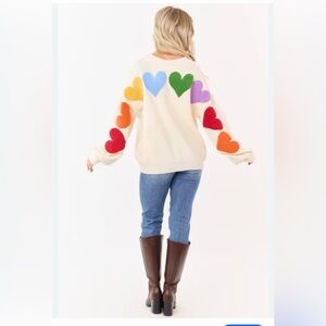 Boutique Mello Cream Rainbow Heart Patch Relaxed Sweater Size M Like New